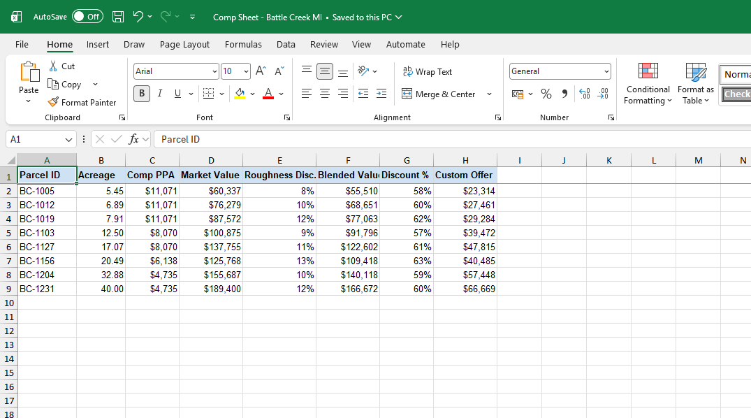 Excel blended pricing sheet derived from the comp sheet