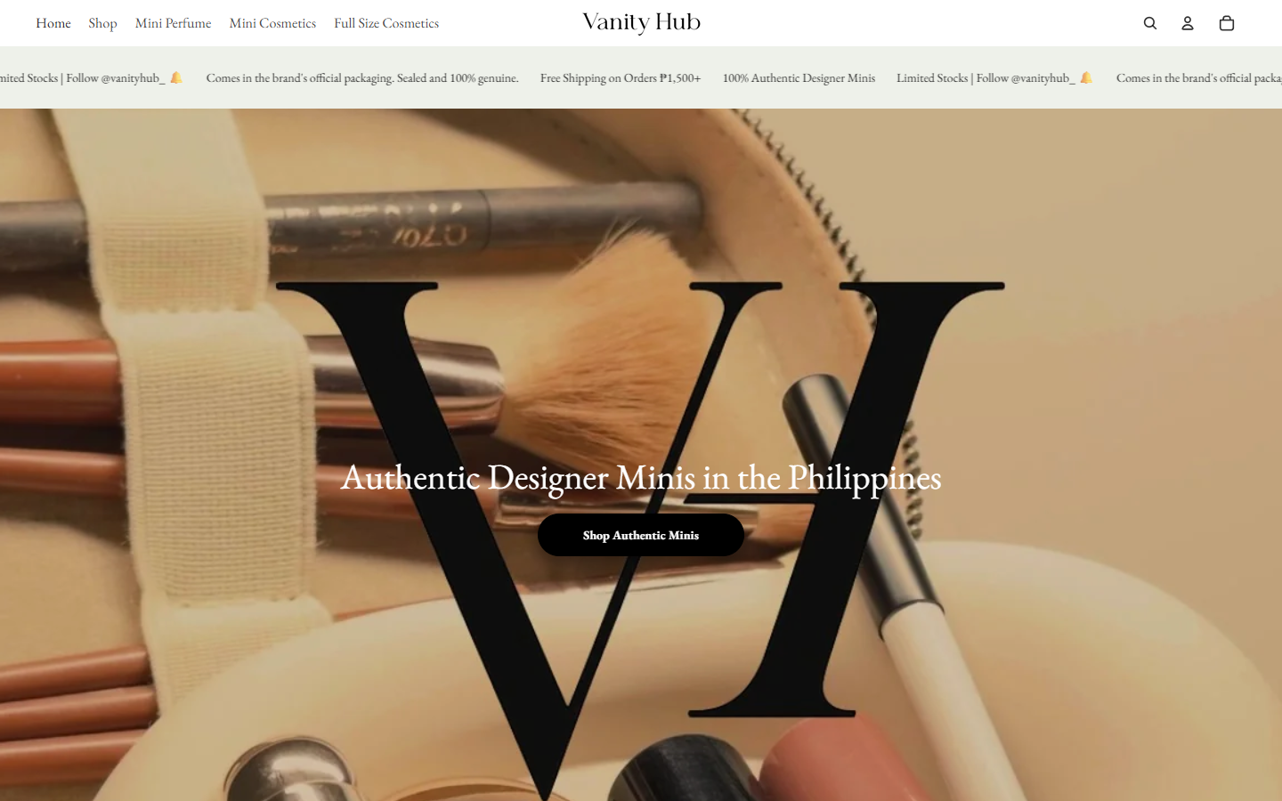 Vanity Hub storefront with the headline Authentic Designer Minis in the Philippines