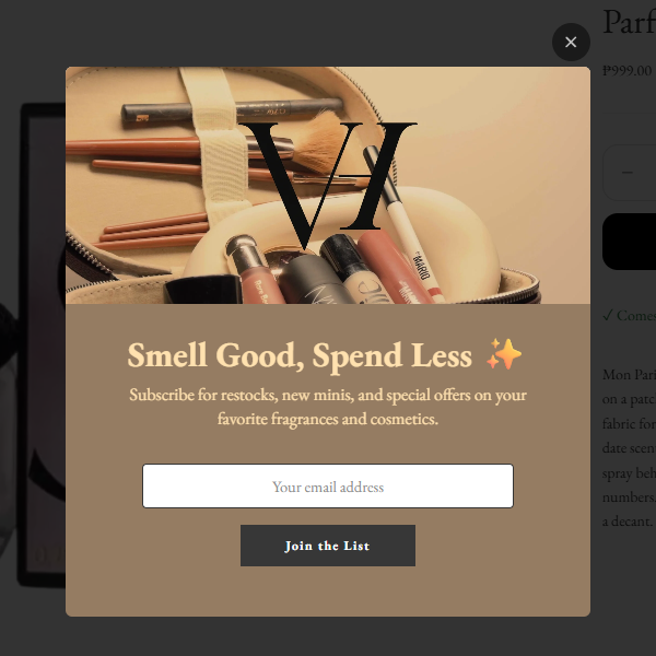 Email signup popup reading Smell Good, Spend Less